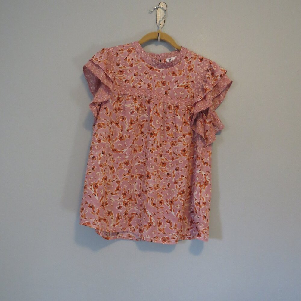 DR2 Pink & Orange Floral Print Ruffle Short Sleeve Top Blouse Sz M